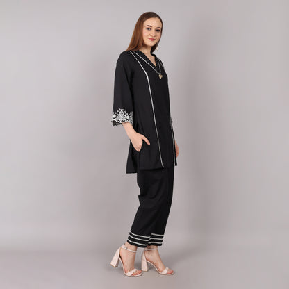 Trendy dreamy black co-ord set in soft cotton fabric, blending elegance with comfort.
