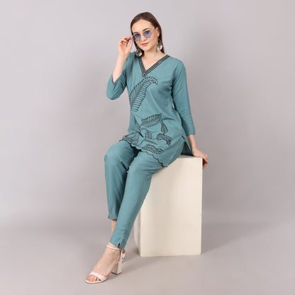 Stylish teal co-ord set with exquisite embroidery, blending comfort with elegance.