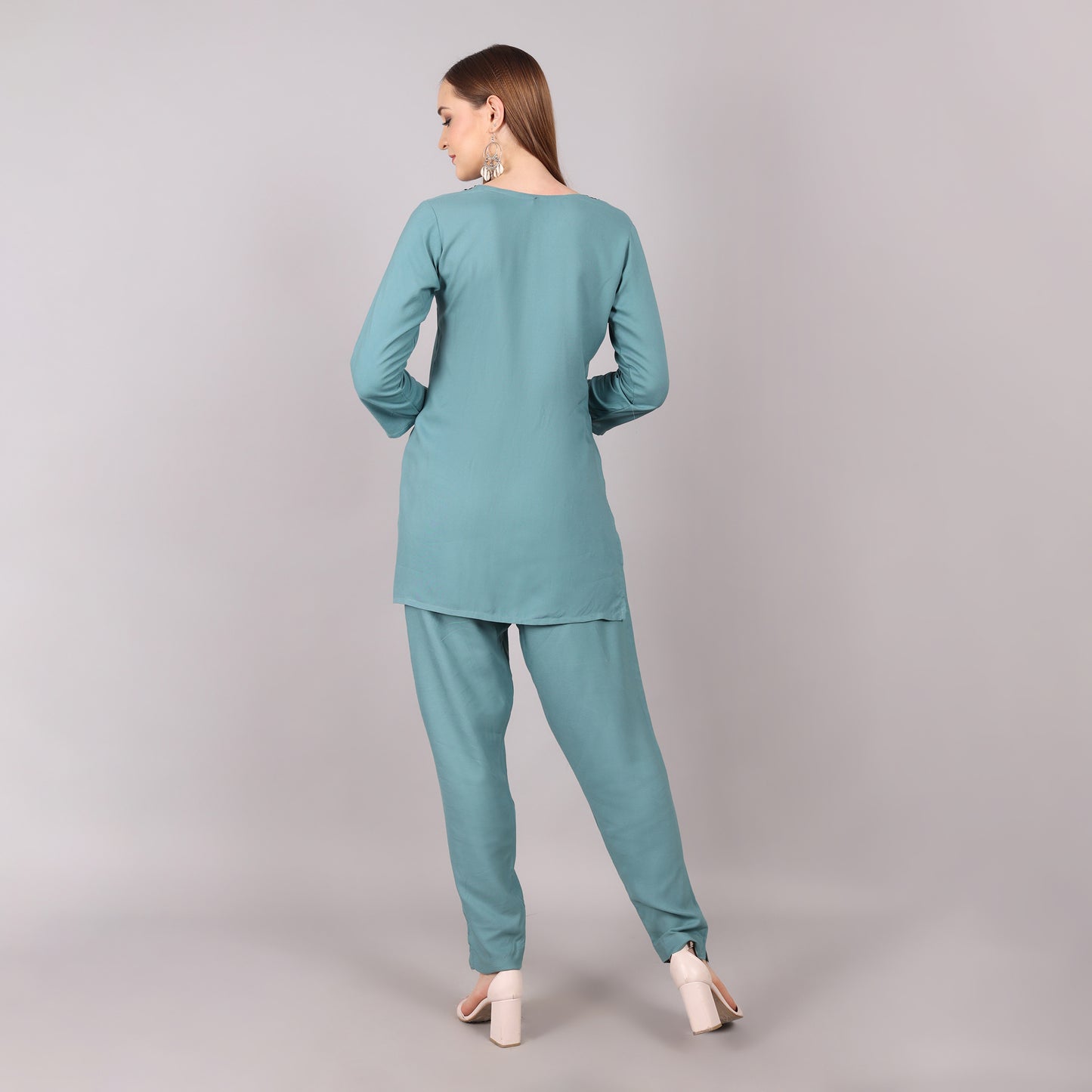 Trendy teal embroidered co-ord set designed for a modern and graceful ethnic appeal.