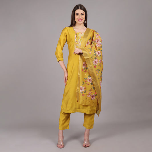 Sophisticated yellow kurta set crafted from premium Dola silk for a refined ethnic look.