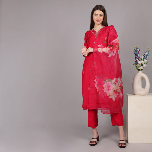 Elegant magenta Gajji silk kurta set featuring a luxurious sheen and a graceful silhouette.