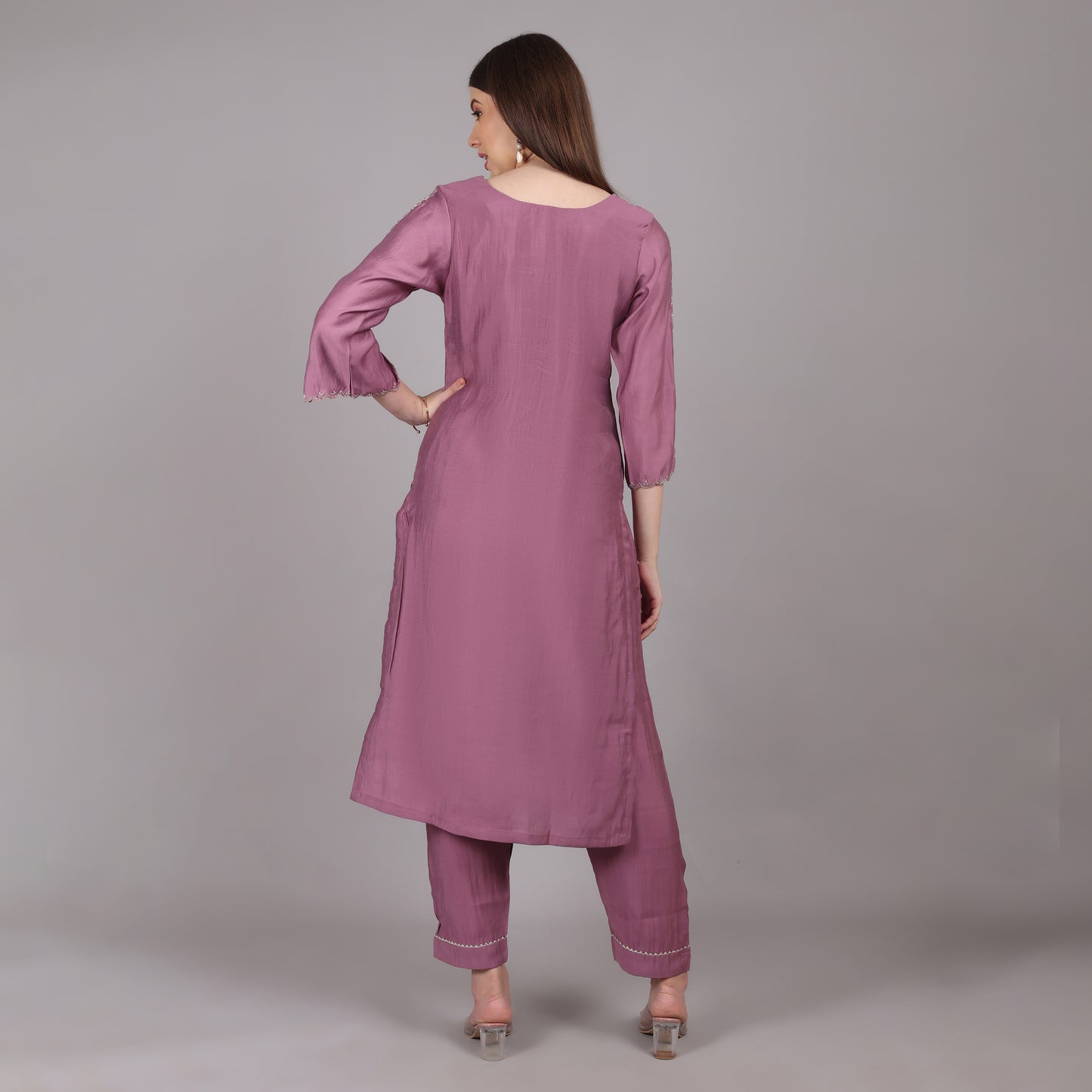 Lightweight and breathable lavender silk kurta set, offering effortless style and sophistication.