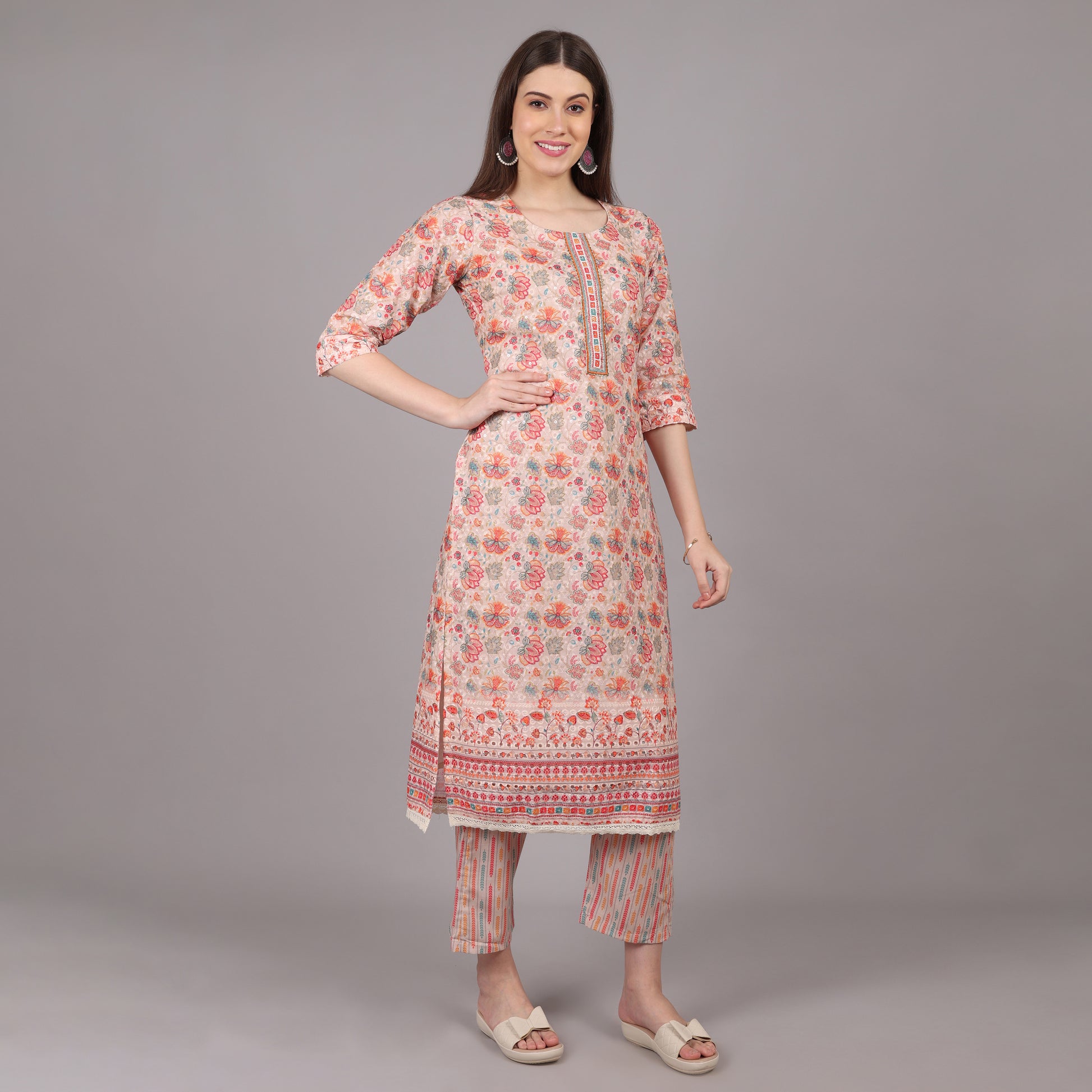 Chic and stylish floral Chikankari kurta set, perfect for festive and formal occasions.
