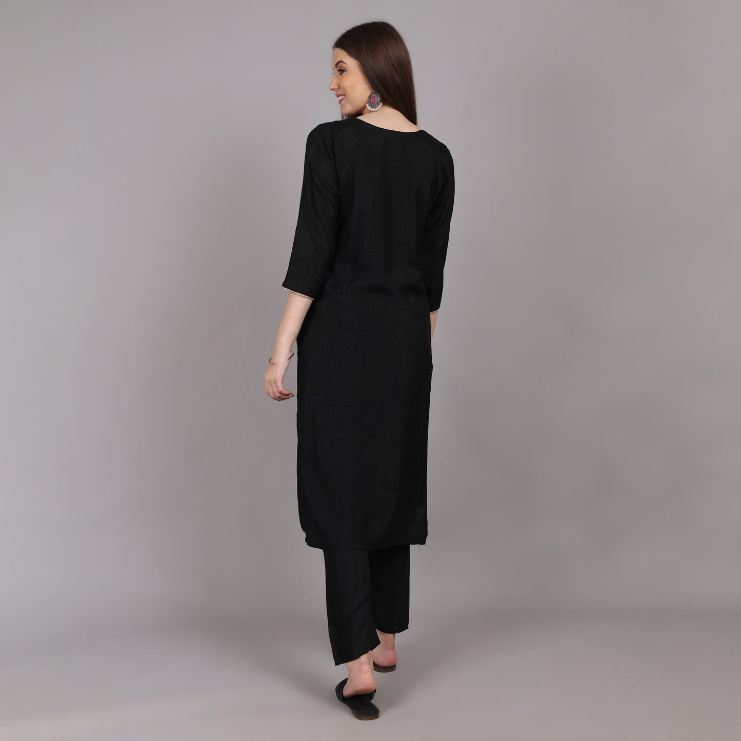 Sophisticated black mulberry silk kurta set, designed for effortless grace and grandeur.






