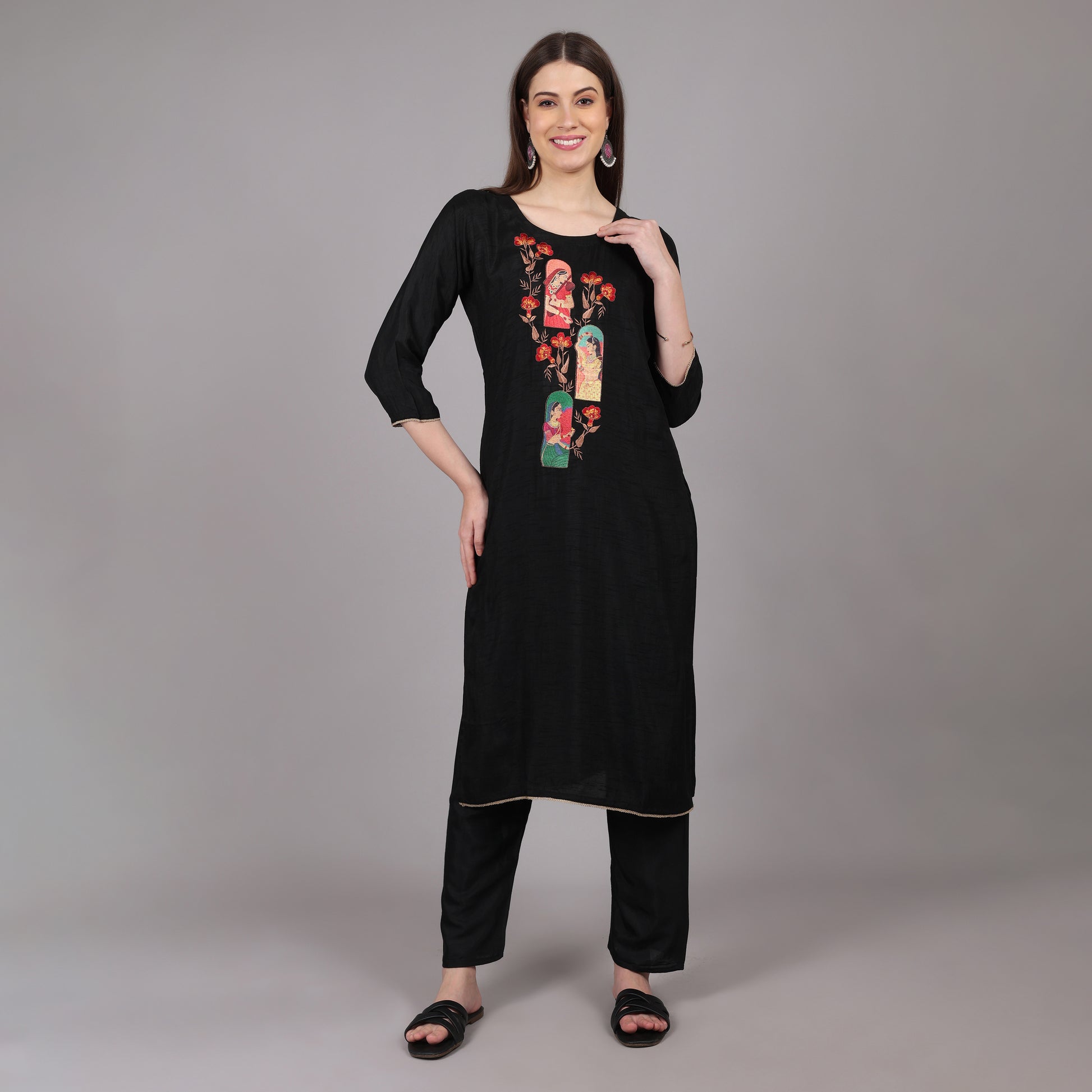 Lightweight and breathable black mulberry silk kurta set, offering comfort with opulent elegance.
