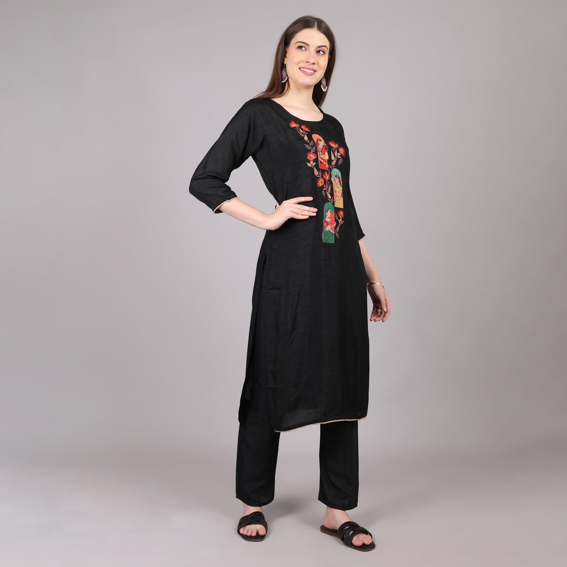 
Trendy black mulberry silk kurta set, ideal for weddings, celebrations, and special gatherings.
