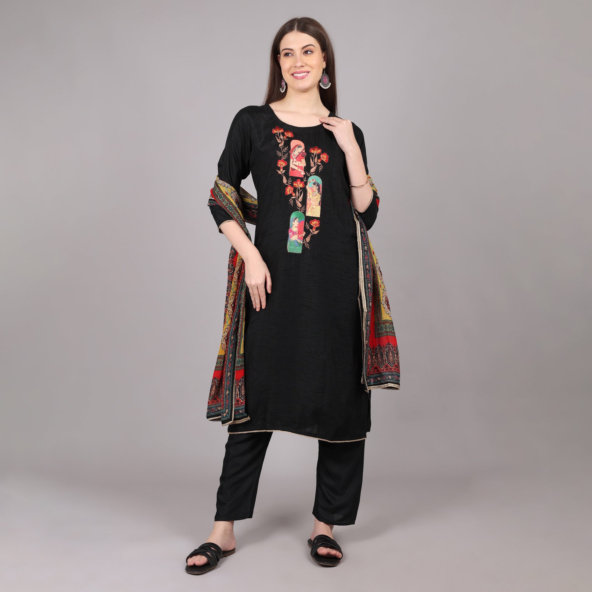 Chic and stylish black mulberry silk kurta set, perfect for festive and formal occasions.
