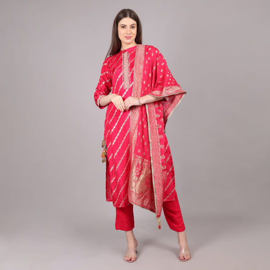 Chic and stylish hot pink Dola silk kurta set, perfect for festive and wedding occasions.