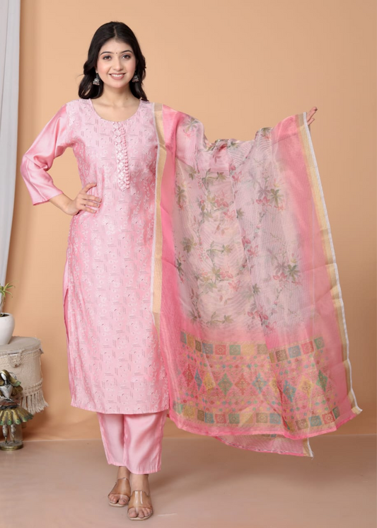 Pink Chanderi Kurta Suit Set For Women