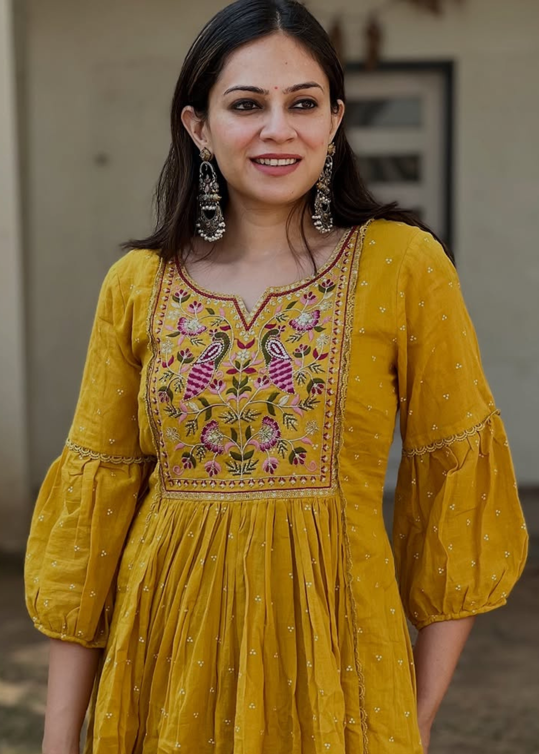 yellow cotton print kurta with dupatta