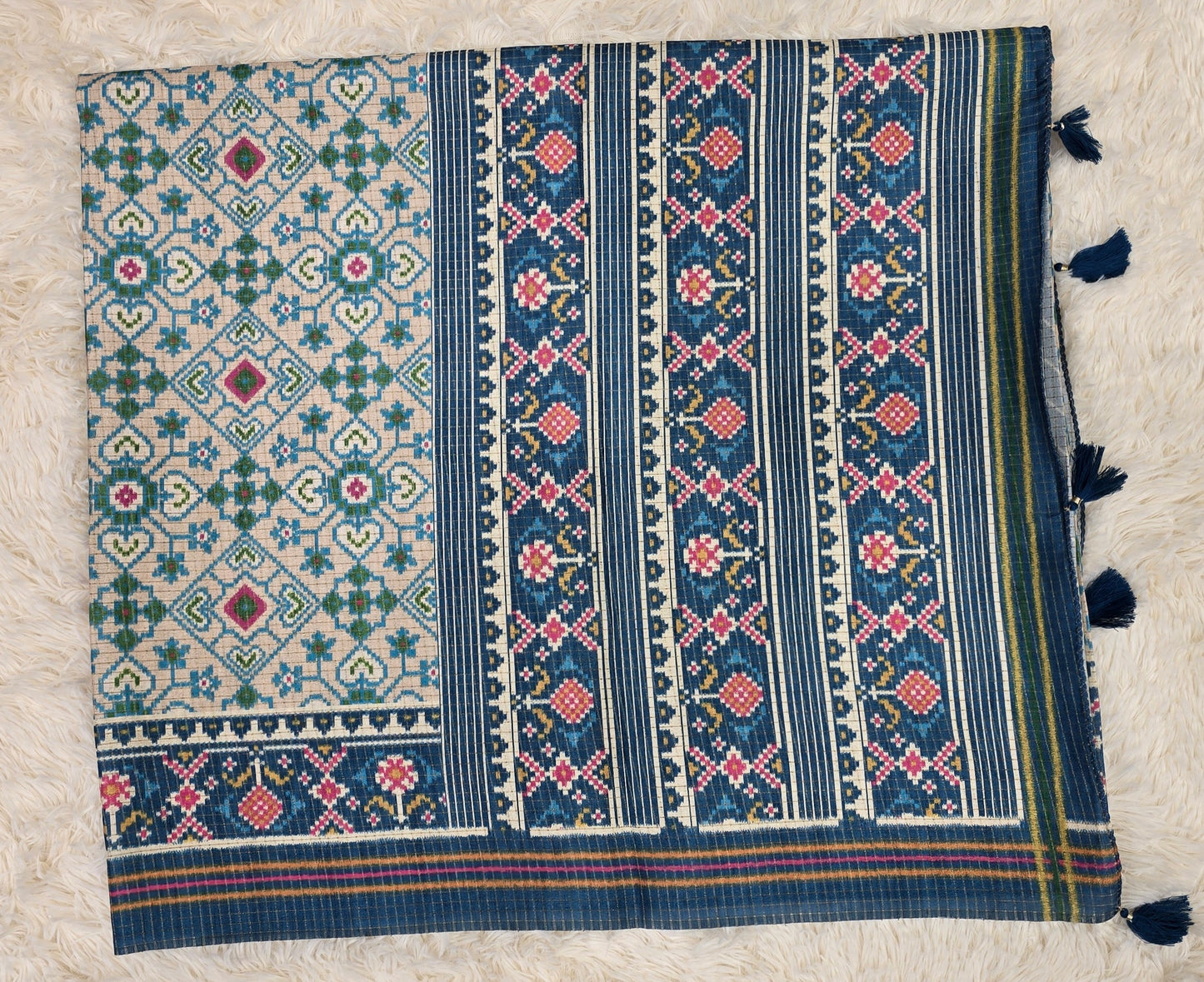 Elegant Cream & Indigo Blue Tussar Silk Patola Print Saree