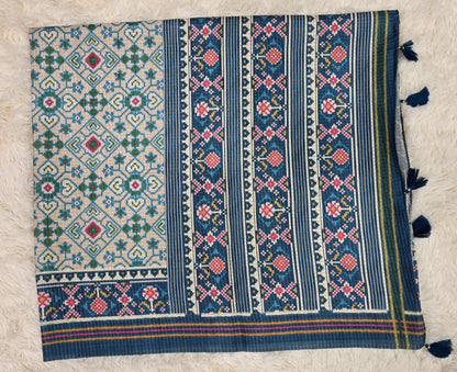 Elegant Cream & Indigo Blue Tussar Silk Patola Print Saree