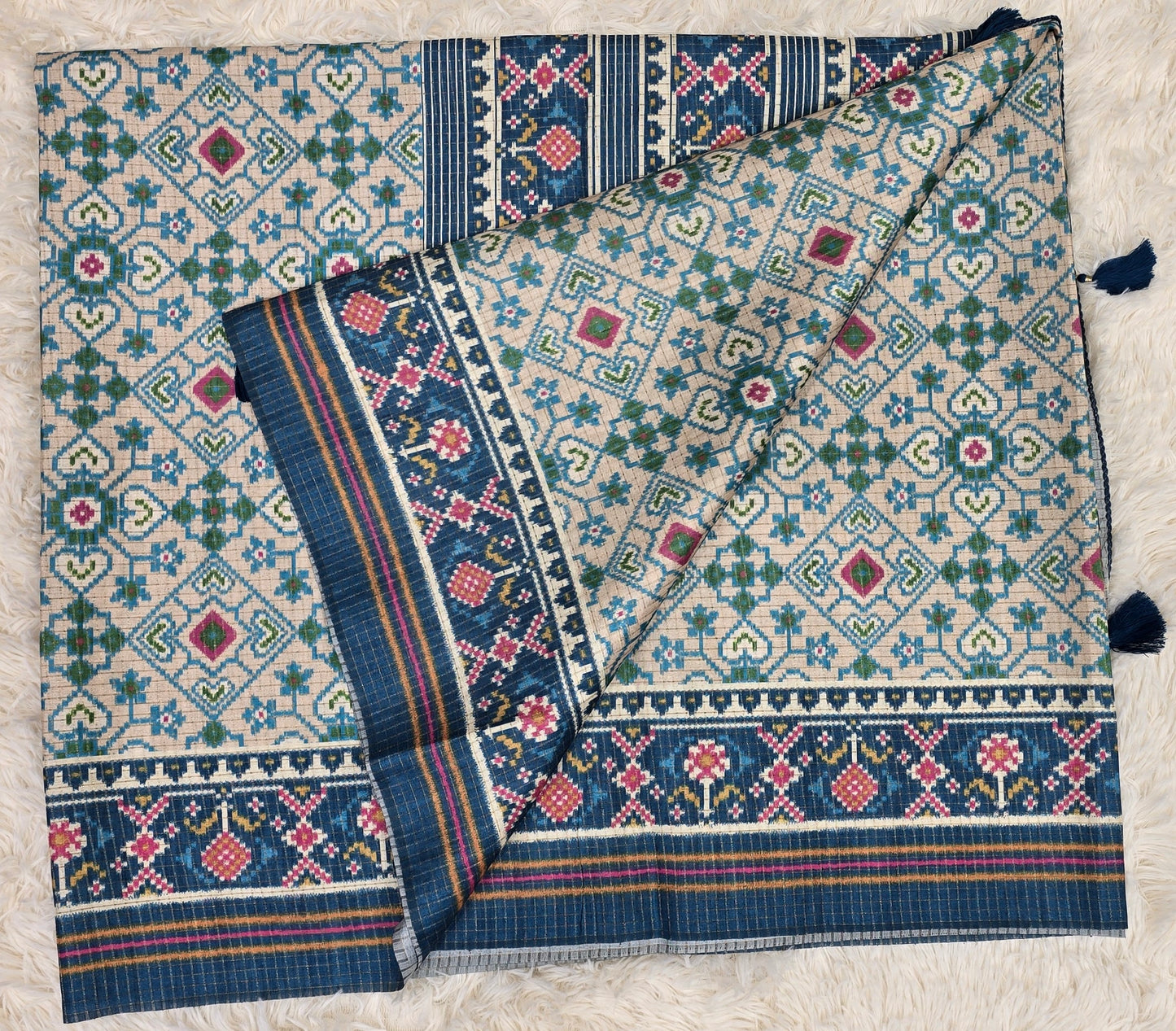 Elegant Cream & Indigo Blue Tussar Silk Patola Print Saree
