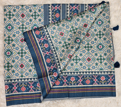 Elegant Cream & Indigo Blue Tussar Silk Patola Print Saree