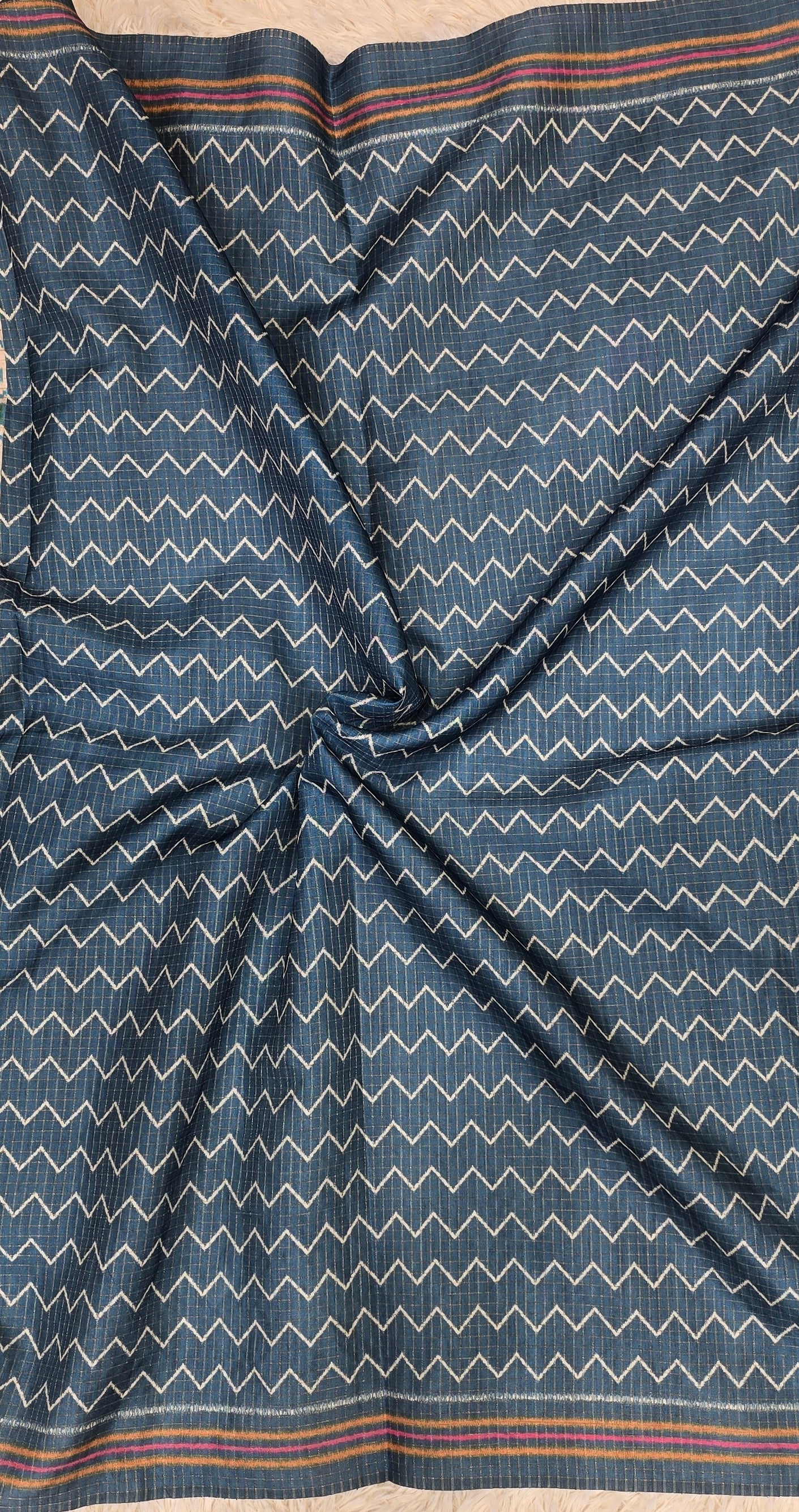 Elegant Cream & Indigo Blue Tussar Silk Patola Print Saree