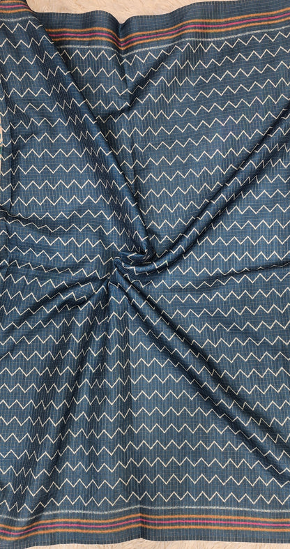Elegant Cream & Indigo Blue Tussar Silk Patola Print Saree