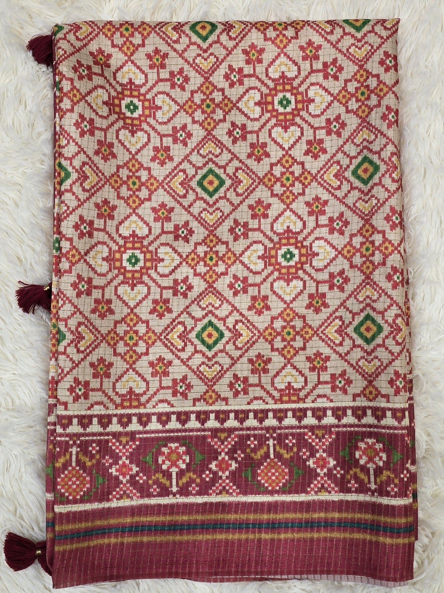 Elegant Cream & Maroon Tussar Silk Patola Print Saree