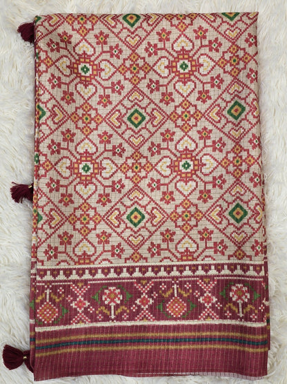 Elegant Cream & Maroon Tussar Silk Patola Print Saree