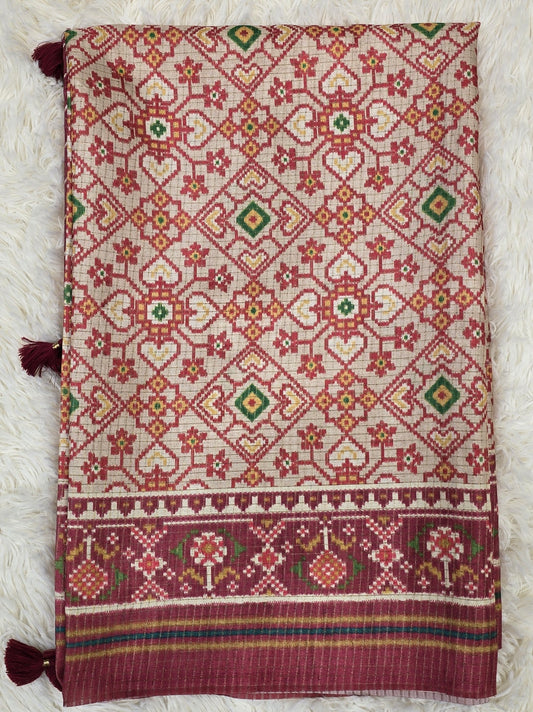 Elegant Cream & Maroon Tussar Silk Patola Print Saree
