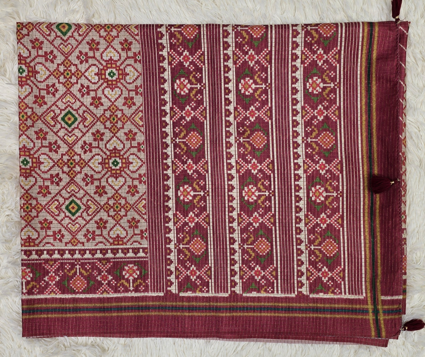 Elegant Cream & Maroon Tussar Silk Patola Print Saree