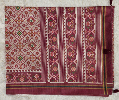 Elegant Cream & Maroon Tussar Silk Patola Print Saree