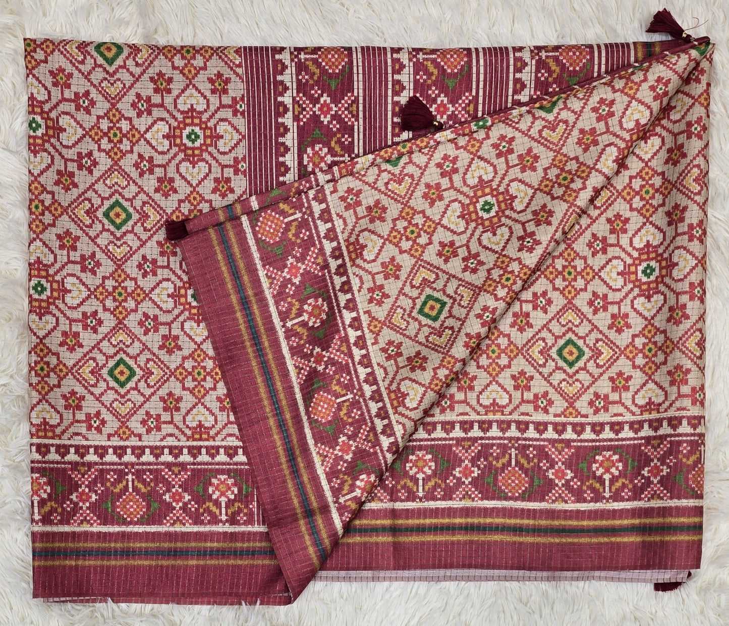 Elegant Cream & Maroon Tussar Silk Patola Print Saree