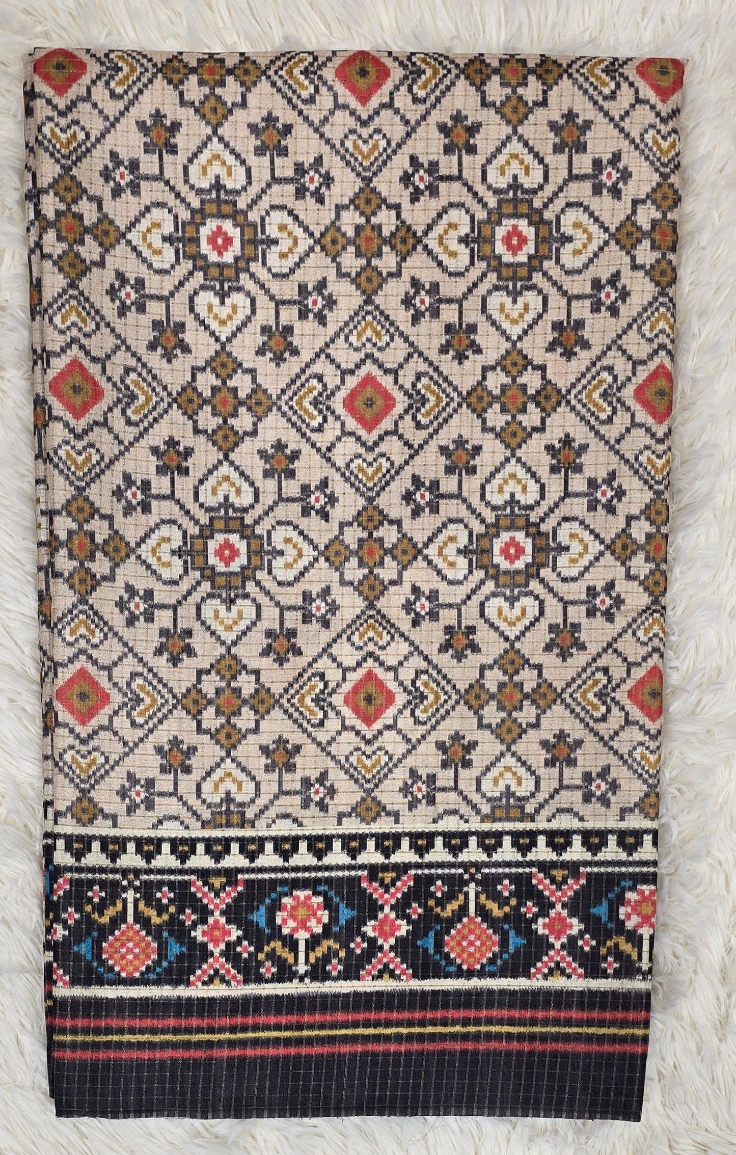 Elegant Cream & Black Tussar Silk Patola Print Saree