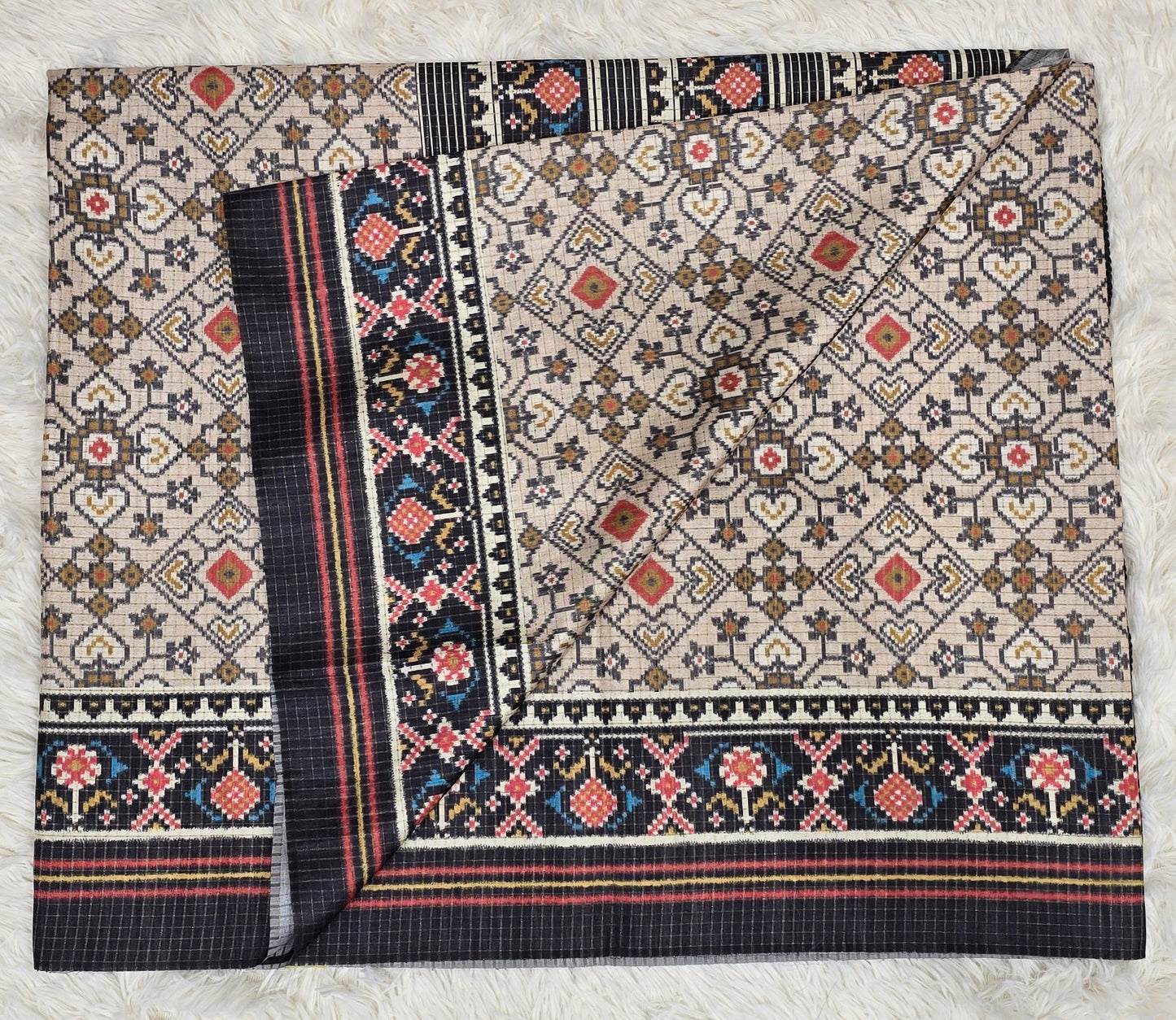 Elegant Cream & Black Tussar Silk Patola Print Saree
