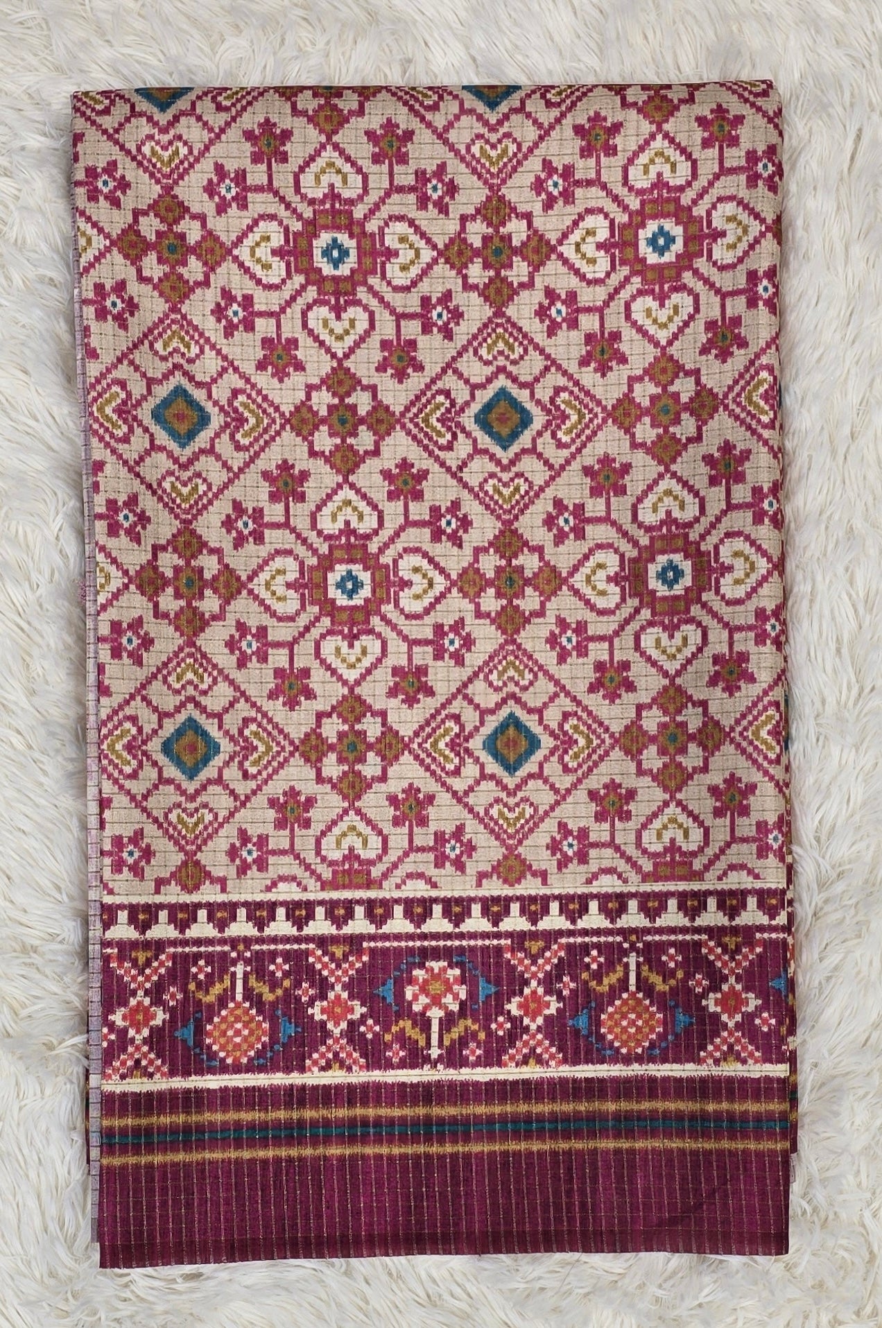 Elegant Cream & Deep Magenta Tussar Silk Patola Print Saree