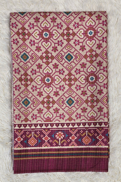 Elegant Cream & Deep Magenta Tussar Silk Patola Print Saree