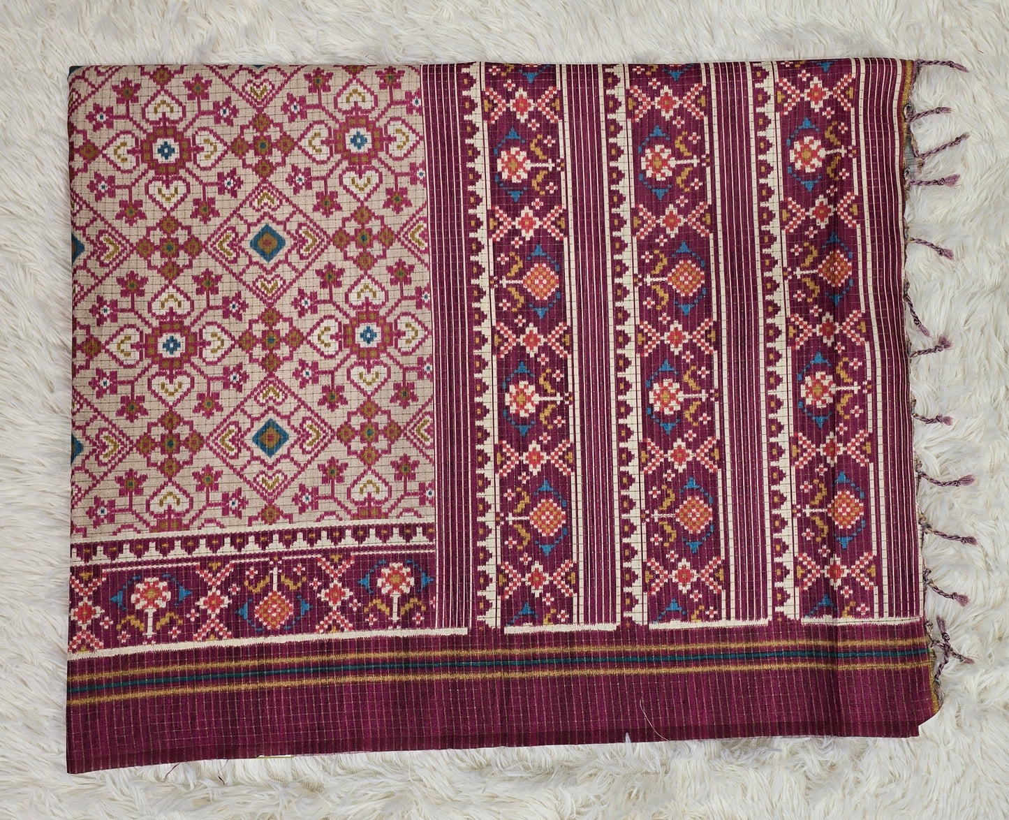 Elegant Cream & Deep Magenta Tussar Silk Patola Print Saree