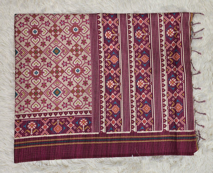 Elegant Cream & Deep Magenta Tussar Silk Patola Print Saree
