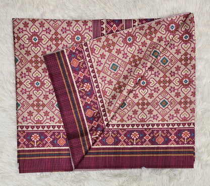 Elegant Cream & Deep Magenta Tussar Silk Patola Print Saree