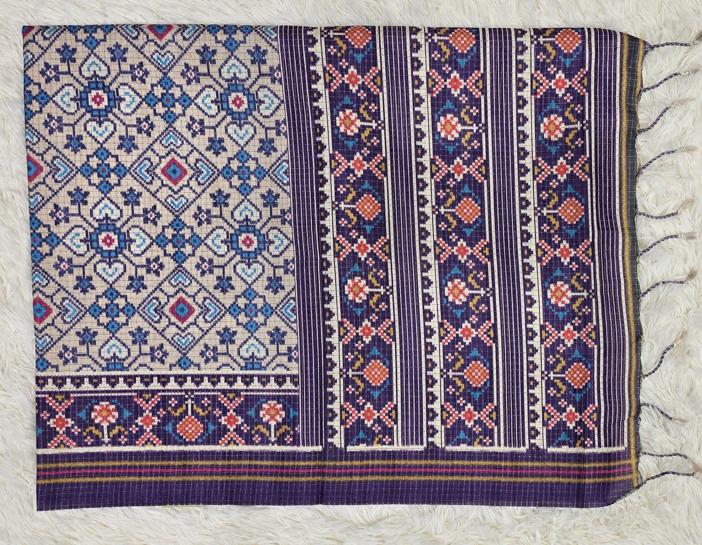 Elegant Cream & Rich Purple Tussar Silk Patola Print Saree