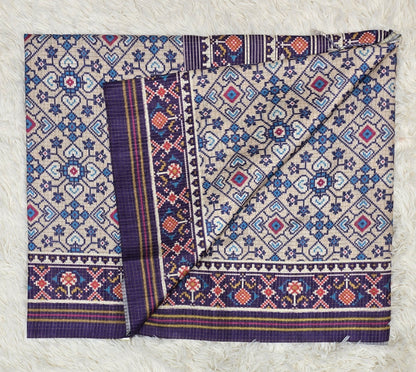 Elegant Cream & Rich Purple Tussar Silk Patola Print Saree