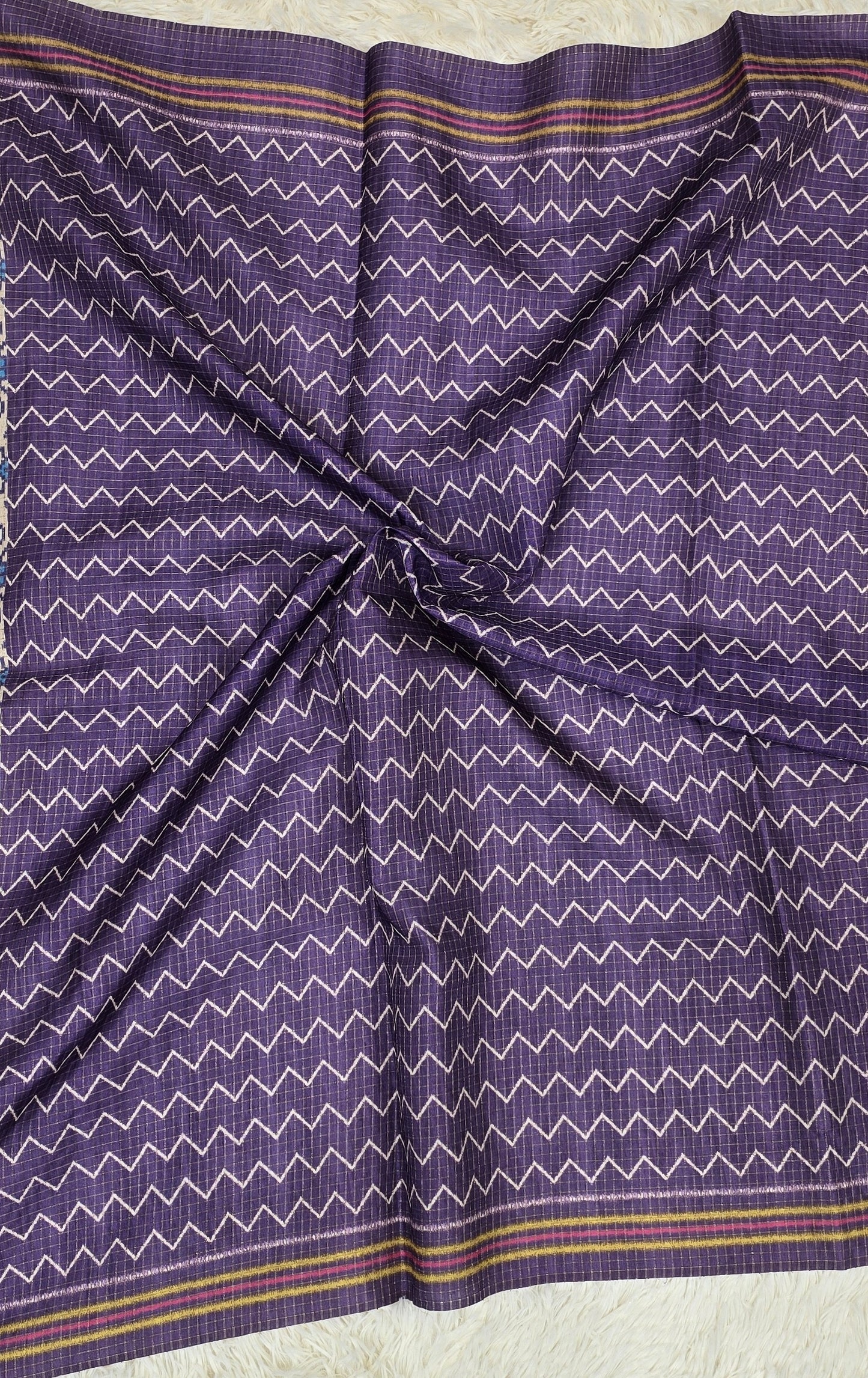 Elegant Cream & Rich Purple Tussar Silk Patola Print Saree