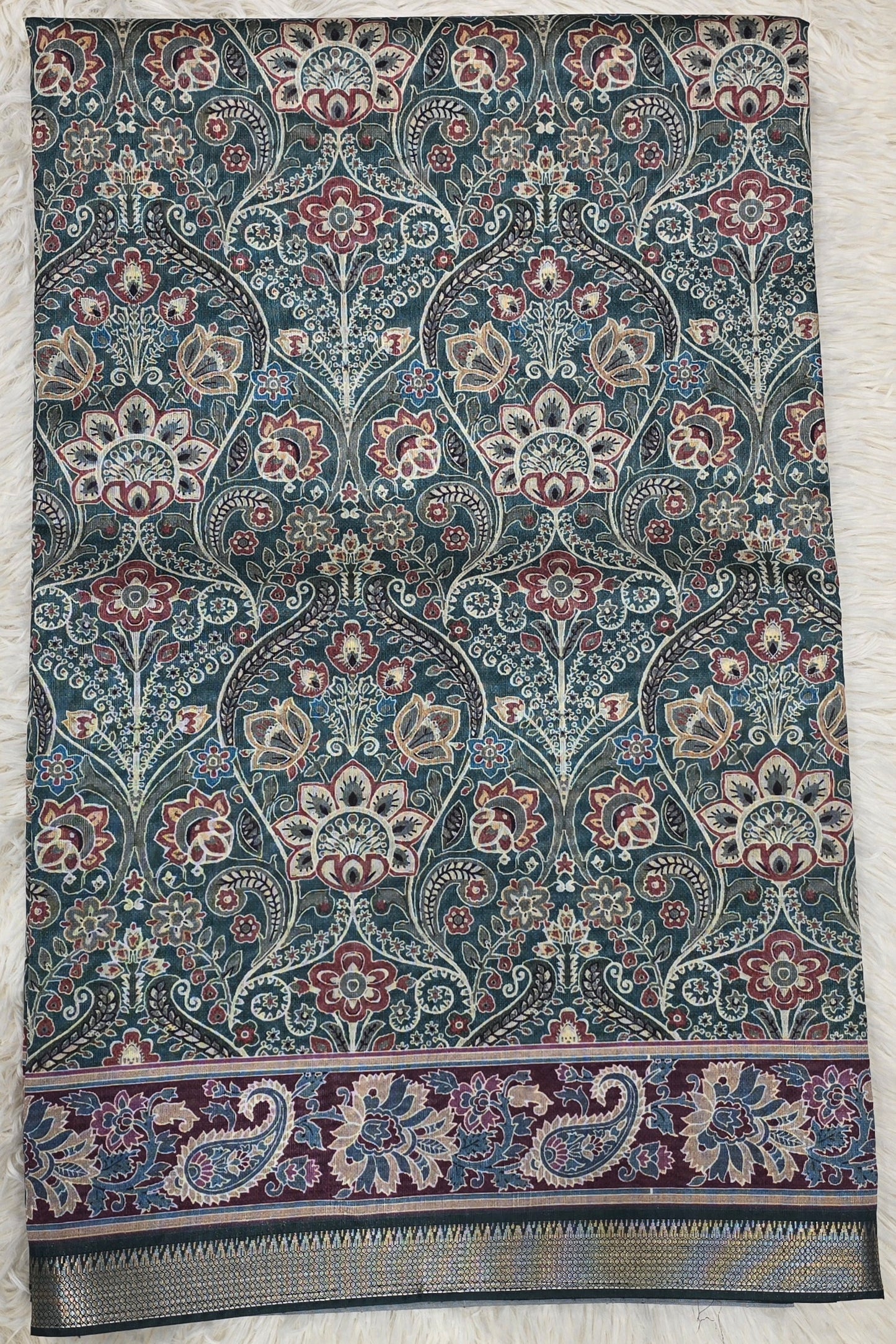 Majestic Teal Antique Paisley Print Saree