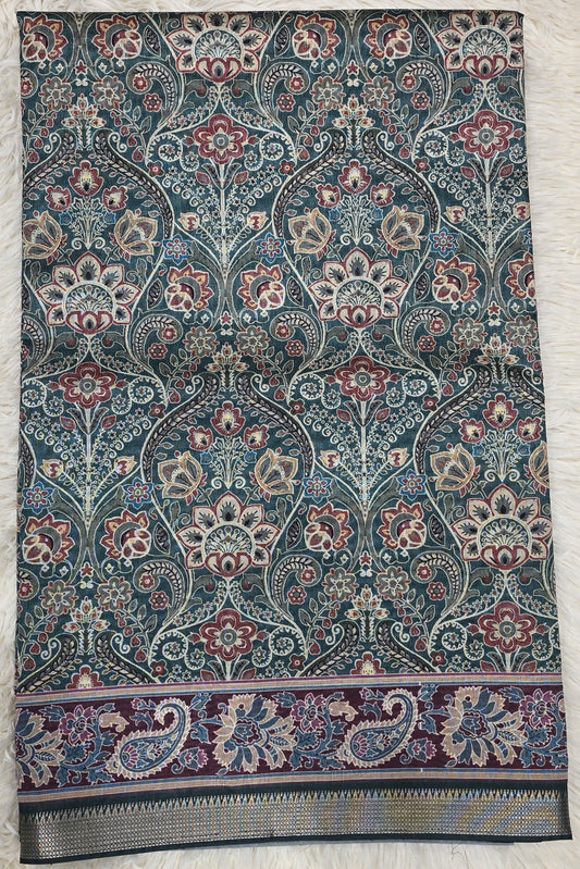 Majestic Teal Antique Paisley Print Saree