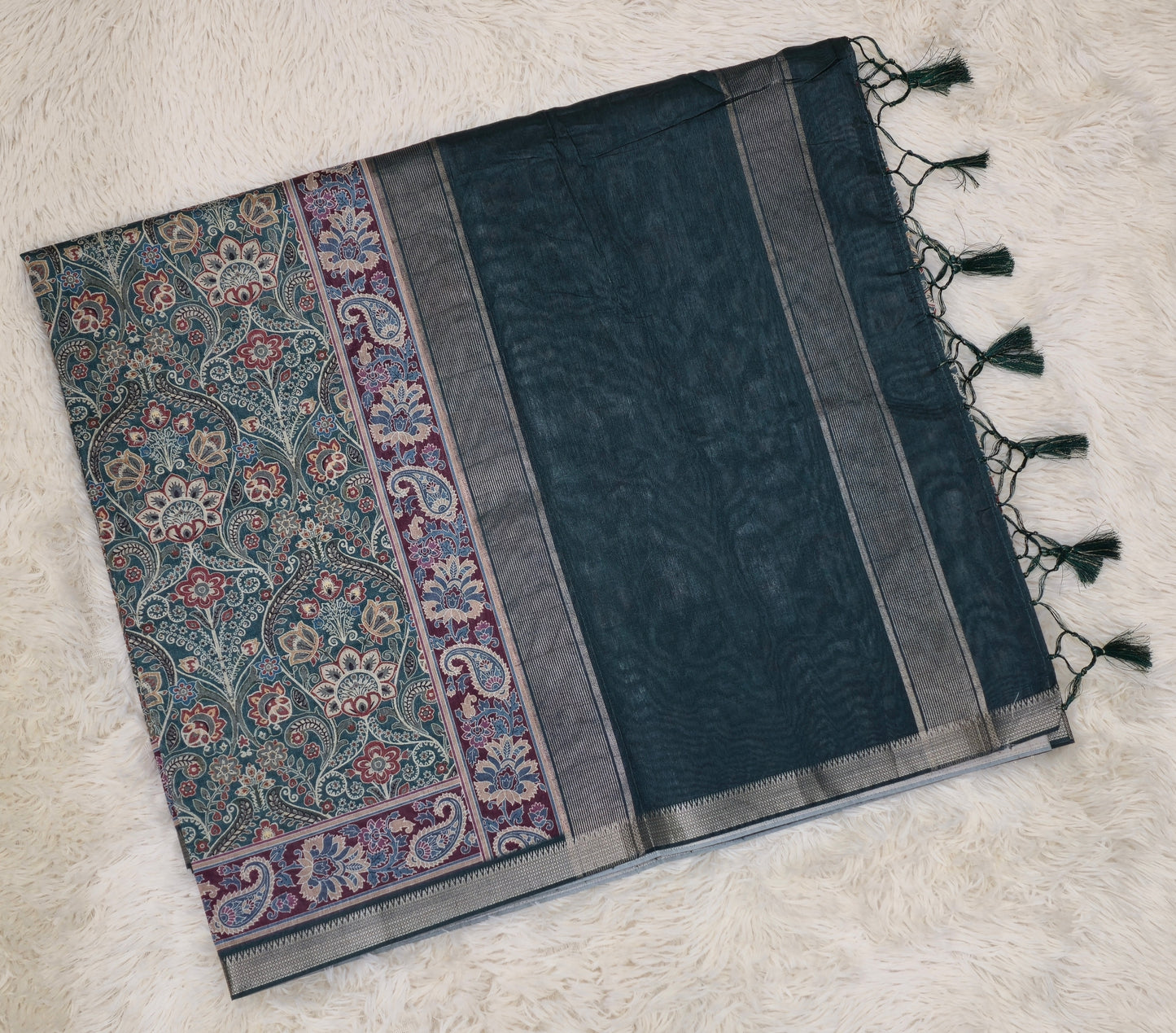 Majestic Teal Antique Paisley Print Saree