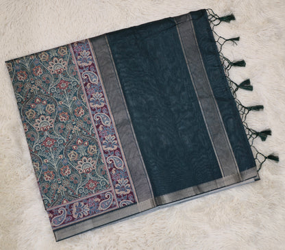 Majestic Teal Antique Paisley Print Saree