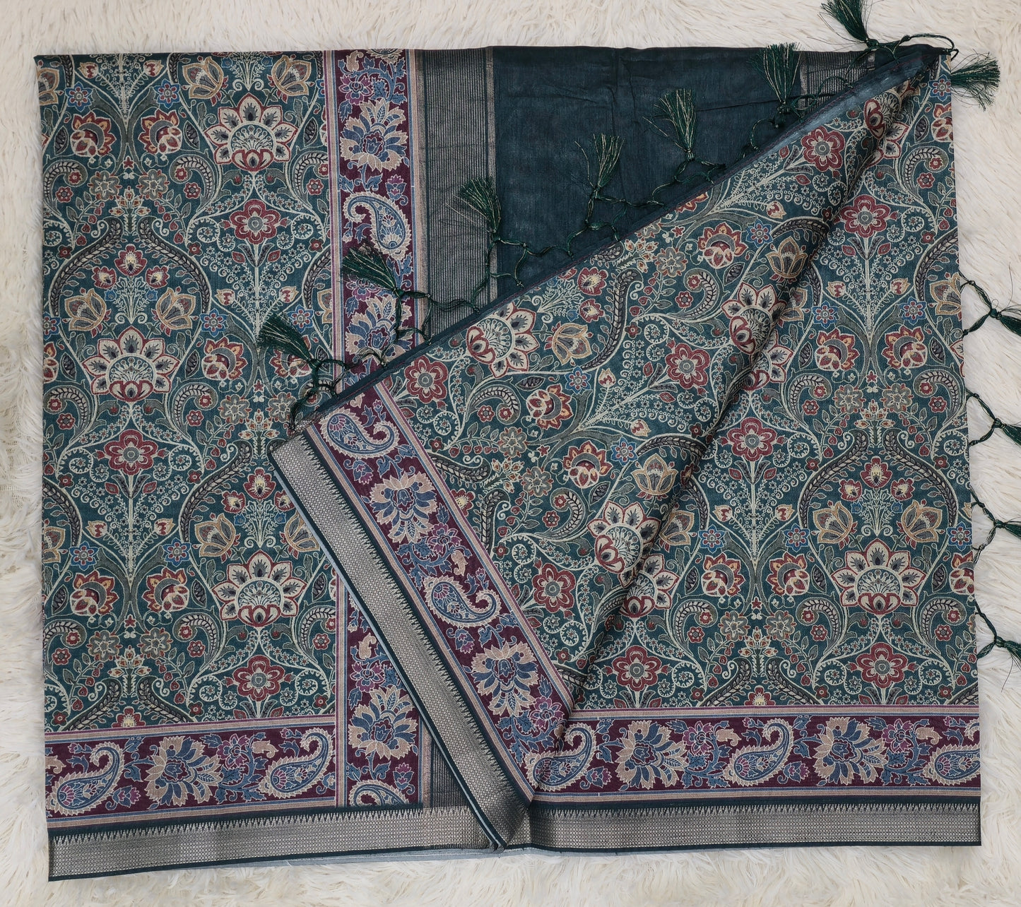 Majestic Teal Antique Paisley Print Saree