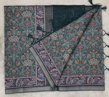 Majestic Teal Antique Paisley Print Saree