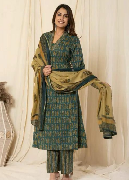 Printed Regular Pure Cotton Kurta with Trousers & Dupatta For Women