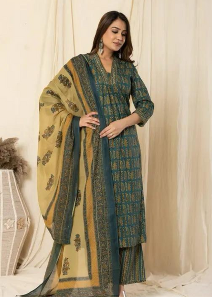 Women Printed Regular Pure Cotton Kurta with Trousers & Dupatta