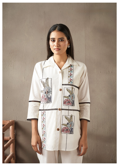 Chic and breathable off-white co-ord set with delicate Schiffli embroidery, perfect for casual and festive wear.