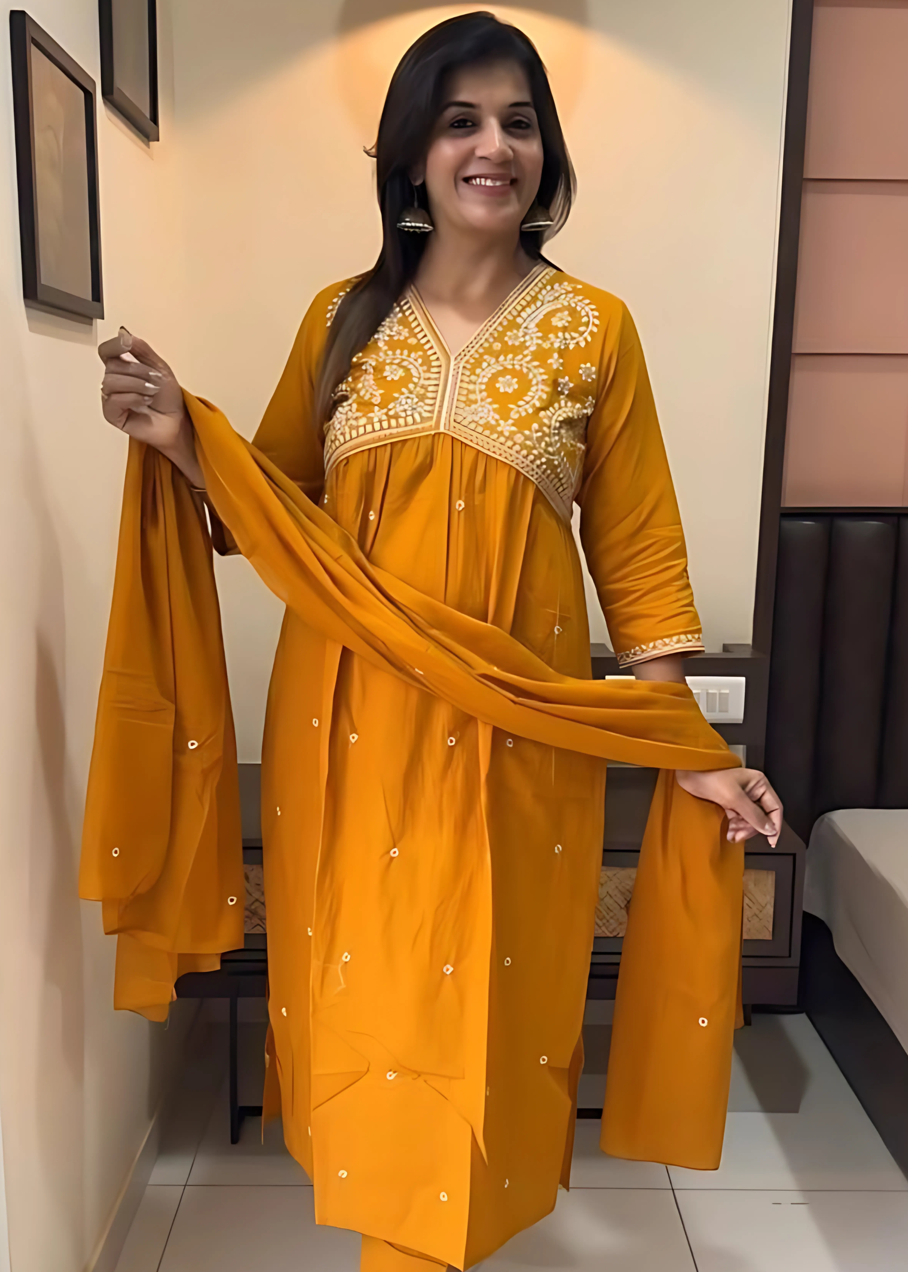 Mustard Pure Fine Cotton Embroidered Kurta