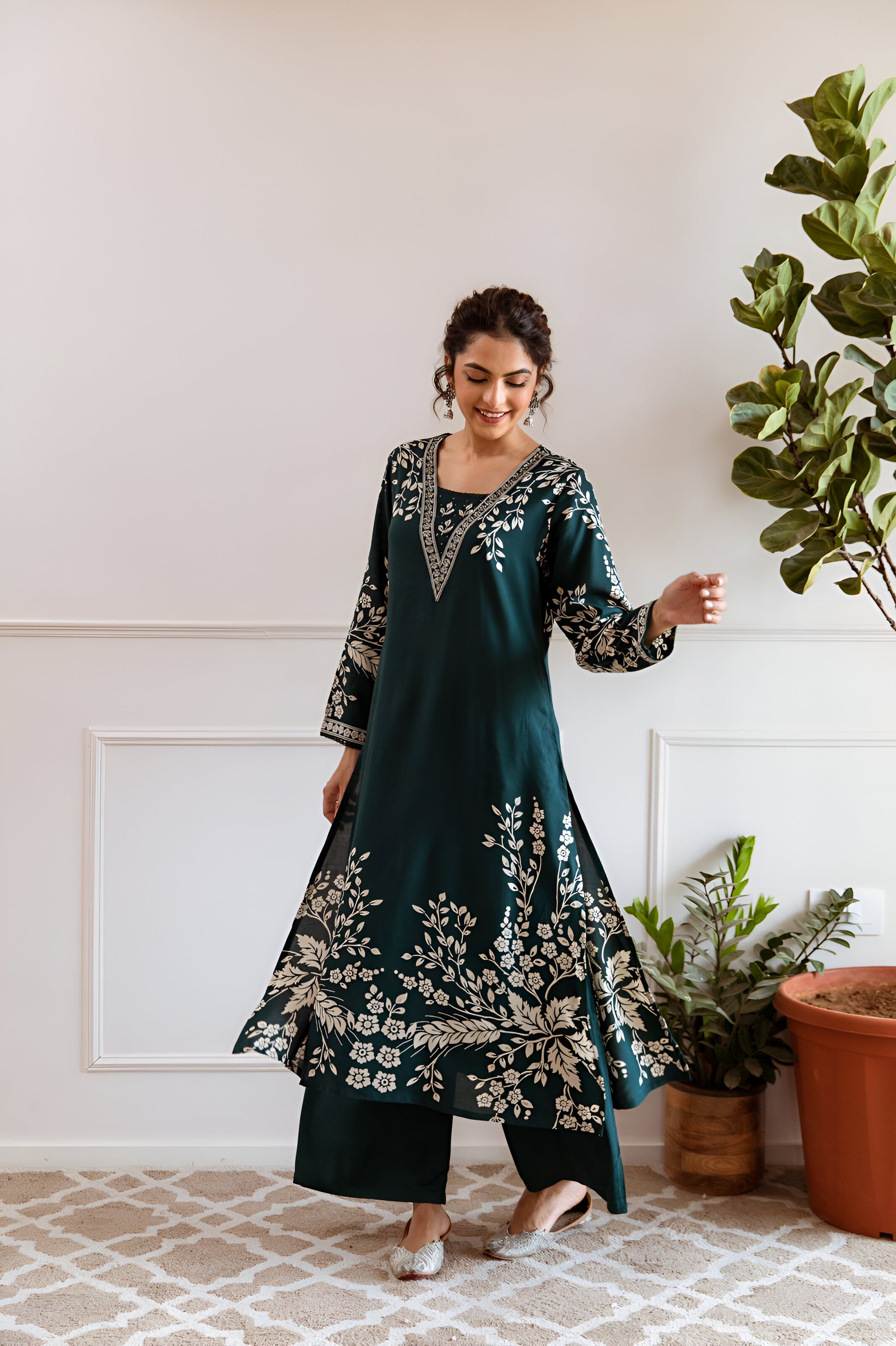 Chic and stylish dark teal green A-line kurta set, perfect for festive, casual, and formal occasions.
