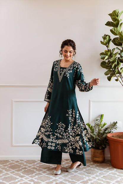 Chic and stylish dark teal green A-line kurta set, perfect for festive, casual, and formal occasions.
