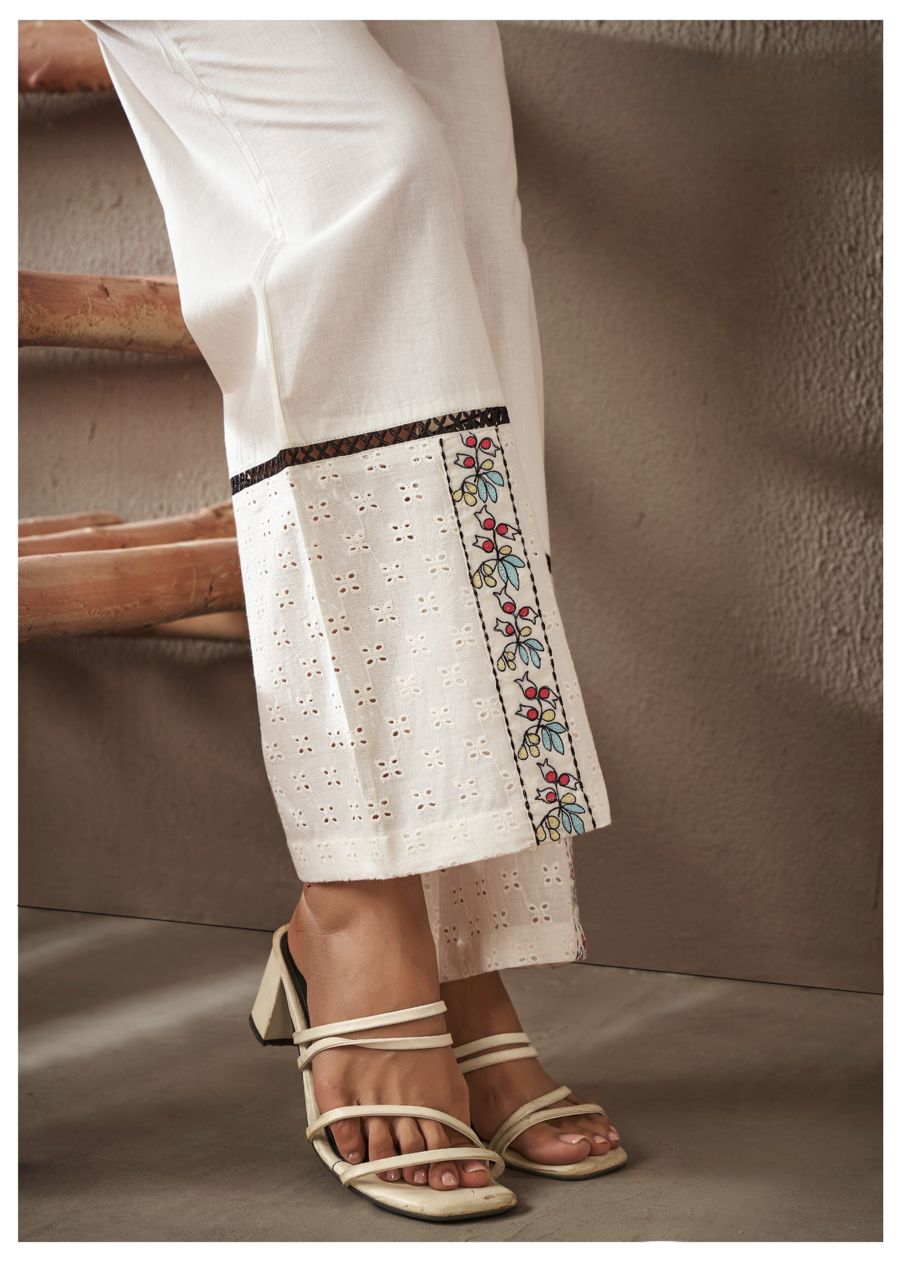 Trendy Schiffli embroidered off-white co-ord set, blending sophistication with modern fashion.
