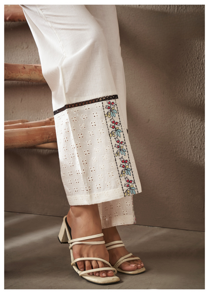 Trendy Schiffli embroidered off-white co-ord set, blending sophistication with modern fashion.